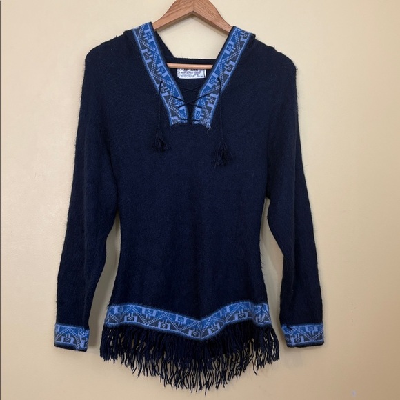 100% Baby Alpaca Wool Fringe Hooded Hoodie Knit Tassel Peru Pullover Sweater S - Picture 5 of 14